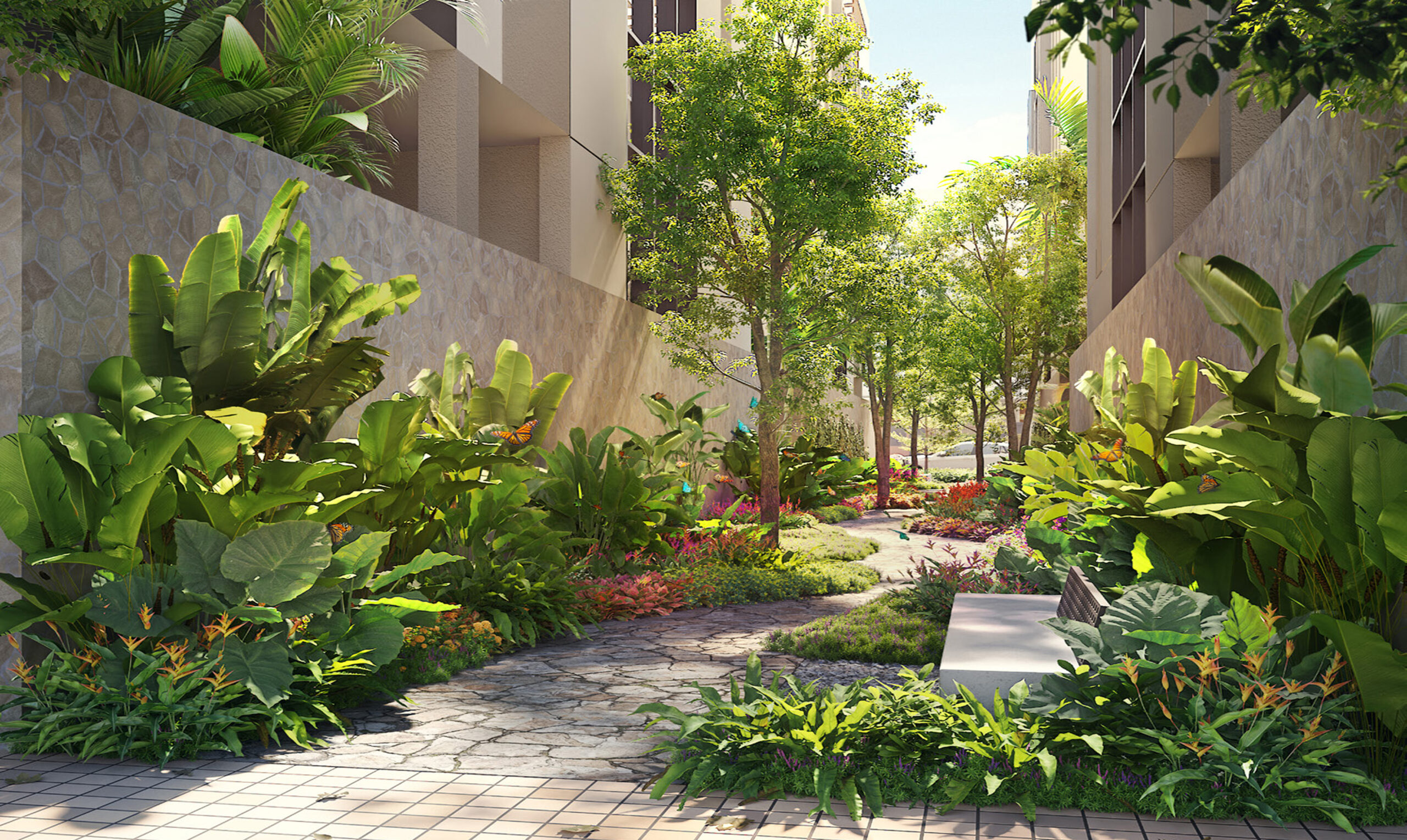 Vườn cảm quan thiết kế đa dạng thực vật. Bố trí nằm đan xen giữa các dãy nhà, giúp mọi người trải nghiệm đa giác quan, gần gũi hơn với thiên nhiên Vườn cảm quan thiết kế đa dạng thực vật. Bố trí nằm đan xen giữa các dãy nhà, giúp mọi người trải nghiệm đa giác quan, gần gũi hơn với thiên nhiên