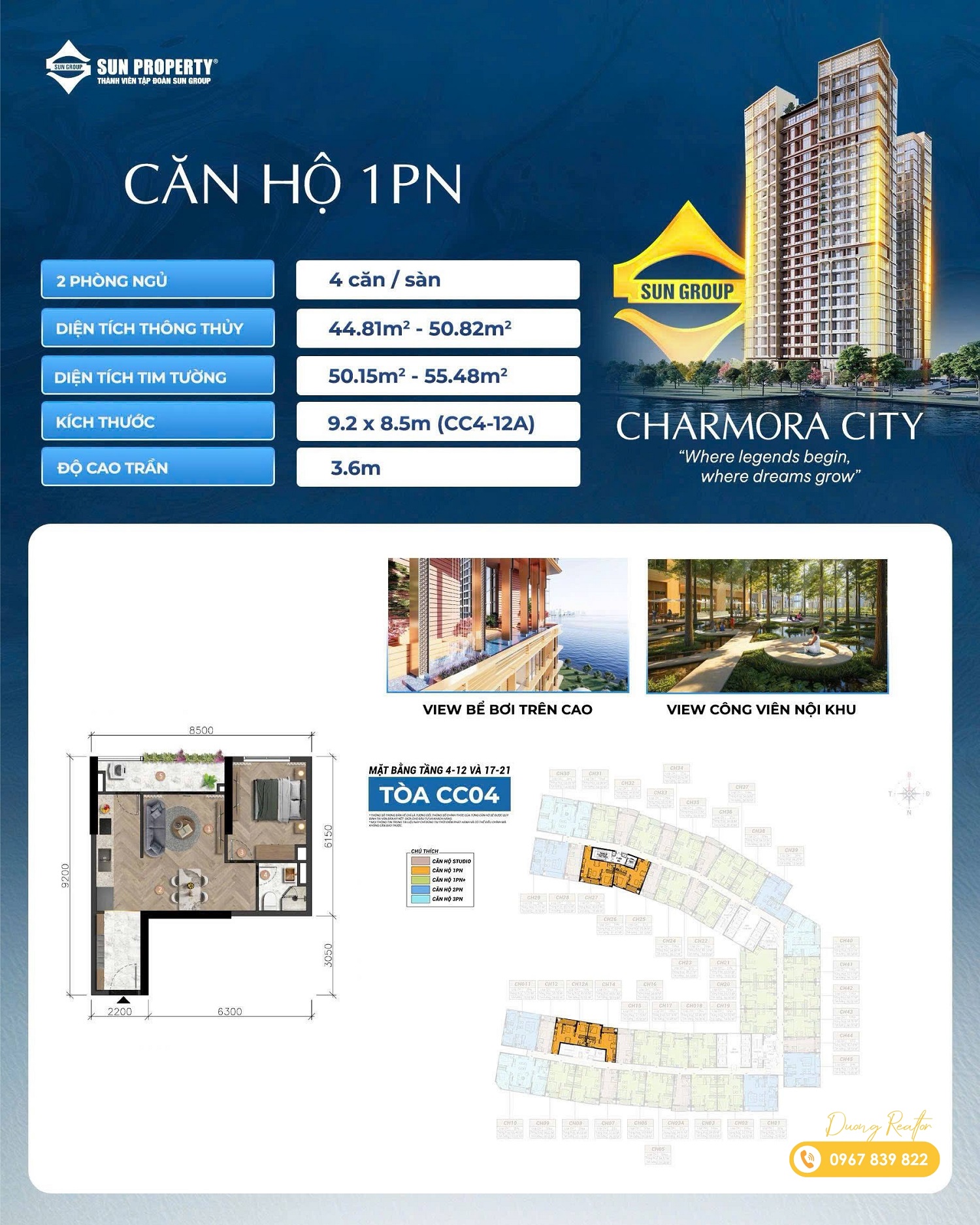 Thiết kế layout căn hộ 1PN The Charm