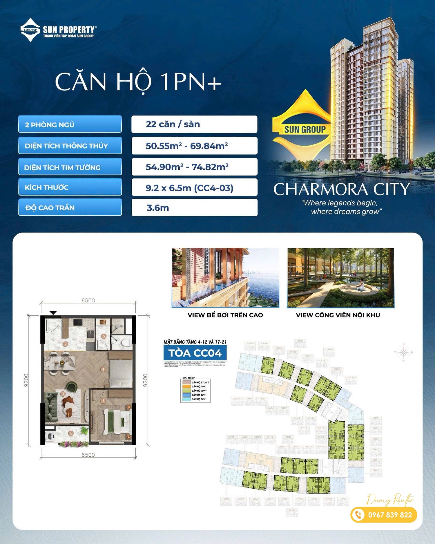 Thiết kế layout căn hộ 1PN+ The Charm