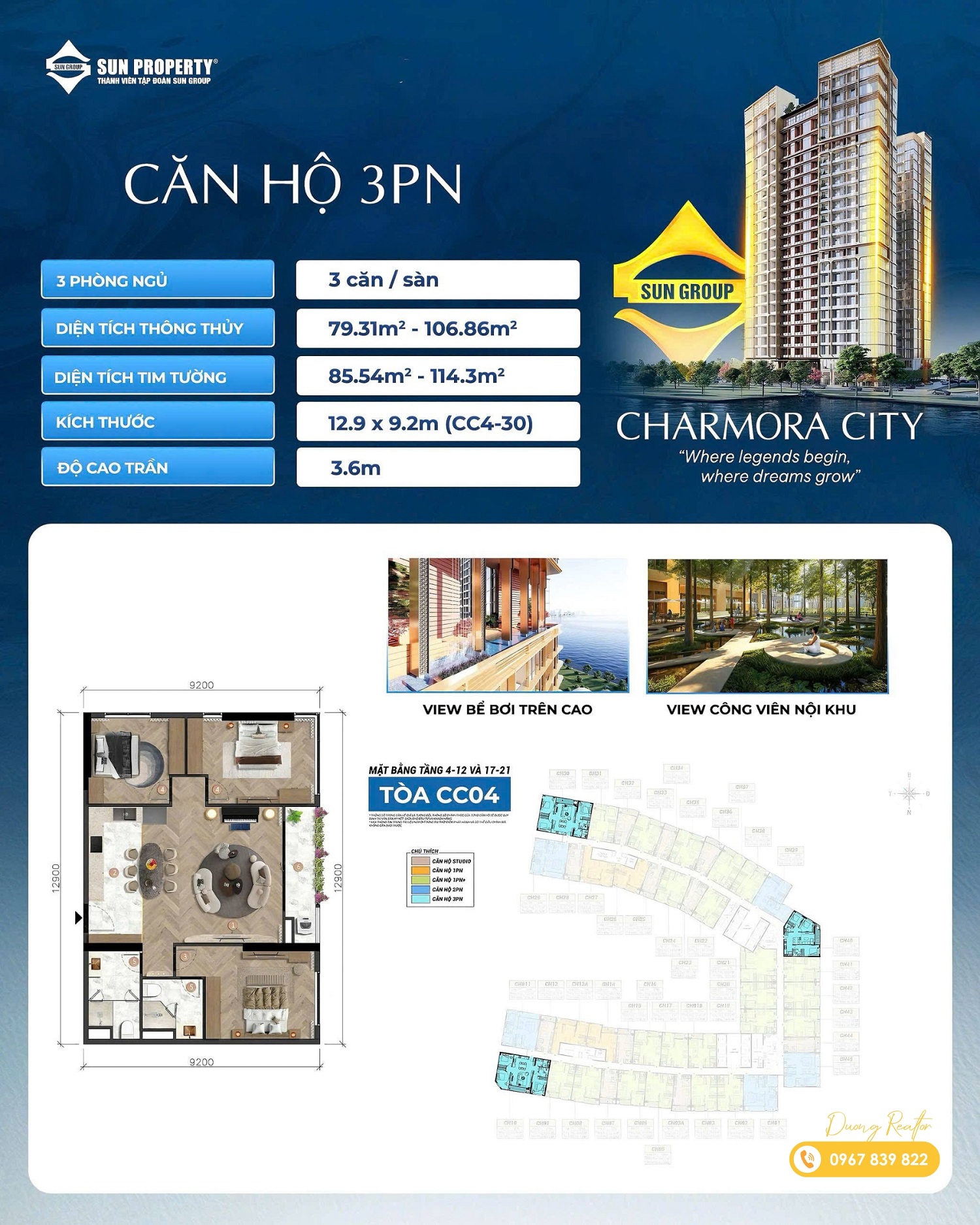 Thiết kế layout căn hộ 3PN The Charm