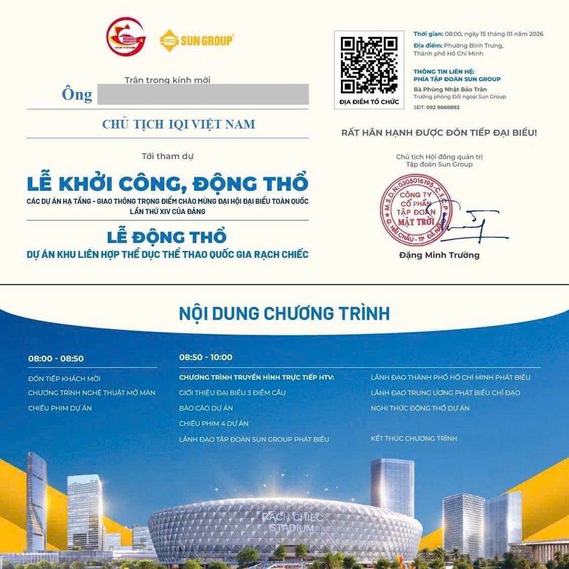 Thư mời tham dự lễ động thổ khu liên hiệp TDTT Quốc Gia Rạch Chiếc