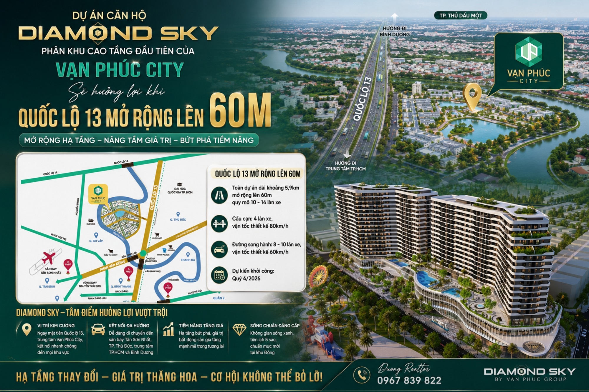 Diamond Sky - Phân khu cao tầng đầu tiên tại Vạn Phúc City hưởng lợi thêm Quốc Lộ 13 mở rộng lên 60M