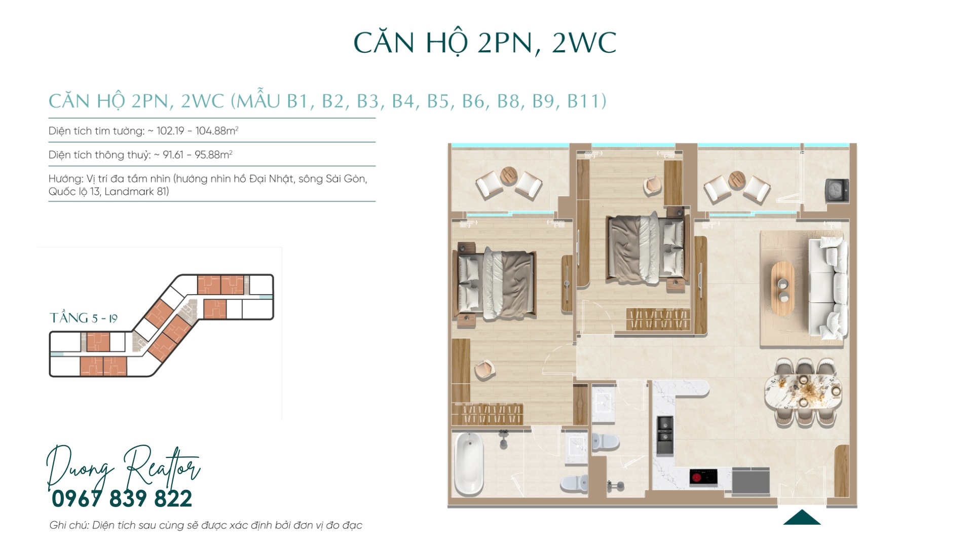 Thiết kế căn hộ 2PN Diamond Sky