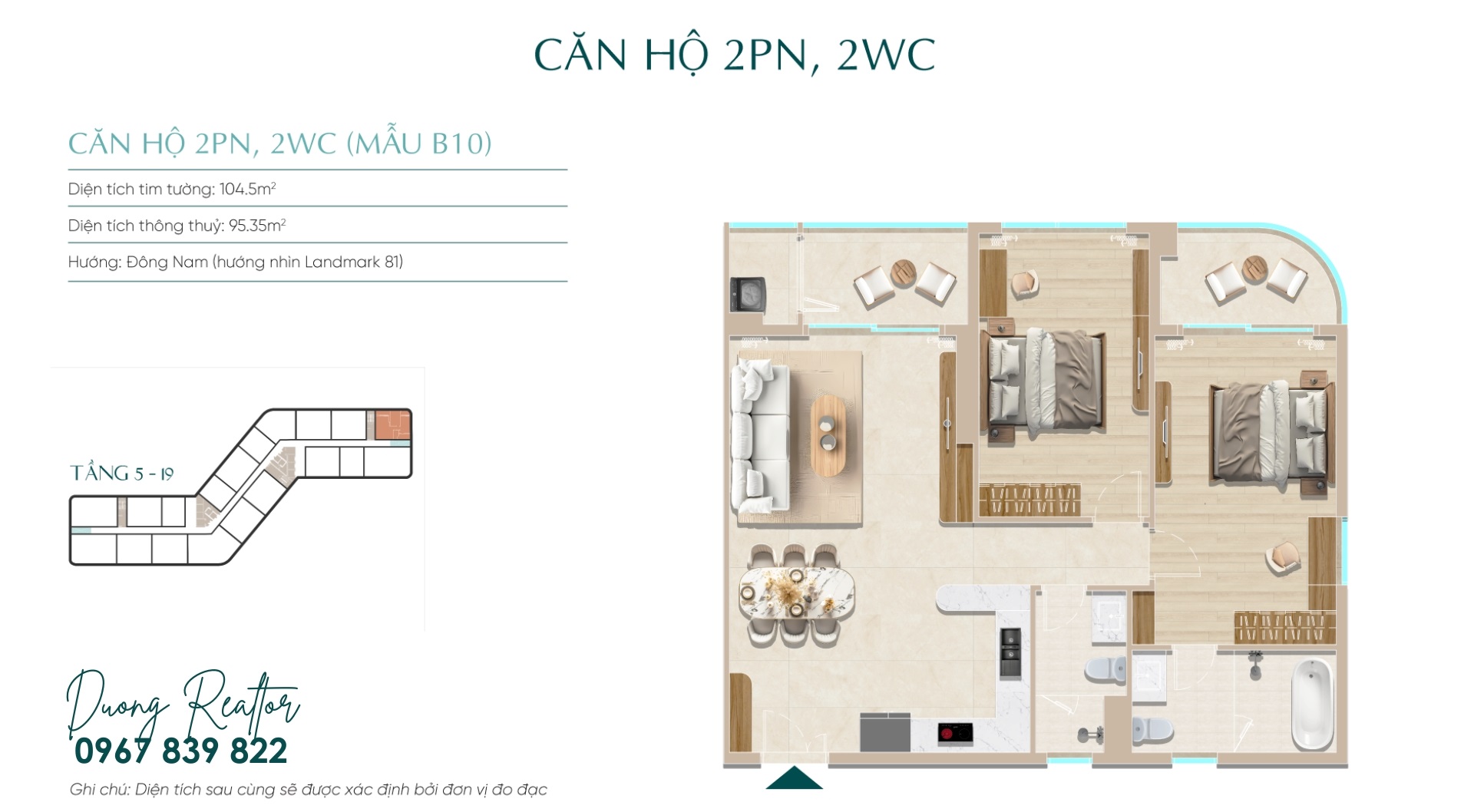 Thiết kế căn hộ 2PN Góc Diamond Sky