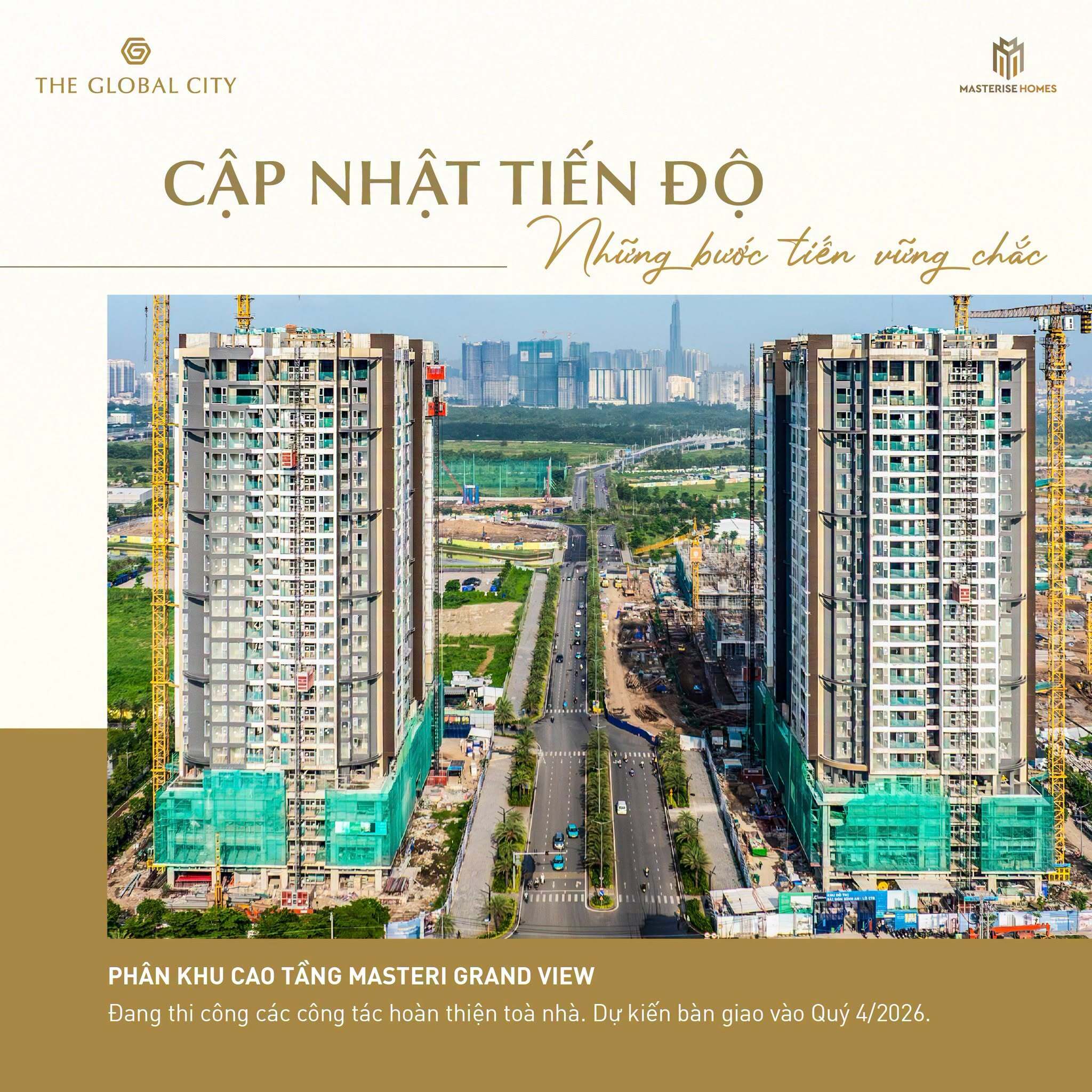 Phân khu cao tầng đầu tiên Masteri Grand View đang hoàn thiện, bàn giao cho khách hàng quý 4/2026 