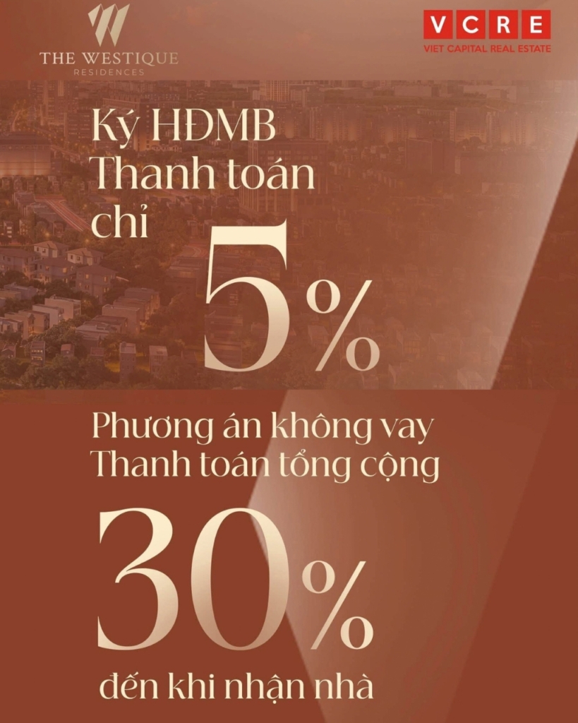 Thanh toán 5% ký ngay hợp đồng mua bán. Thanh toán 30% Nhận Nhà