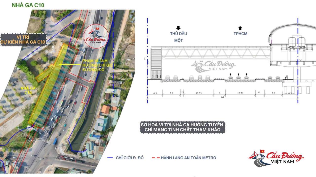 Vị trí nhà ga C10 tuyên Metro số 2 Thủ Dầu Một - Tp.HCM cách dự án Skysolis khoảng 400m