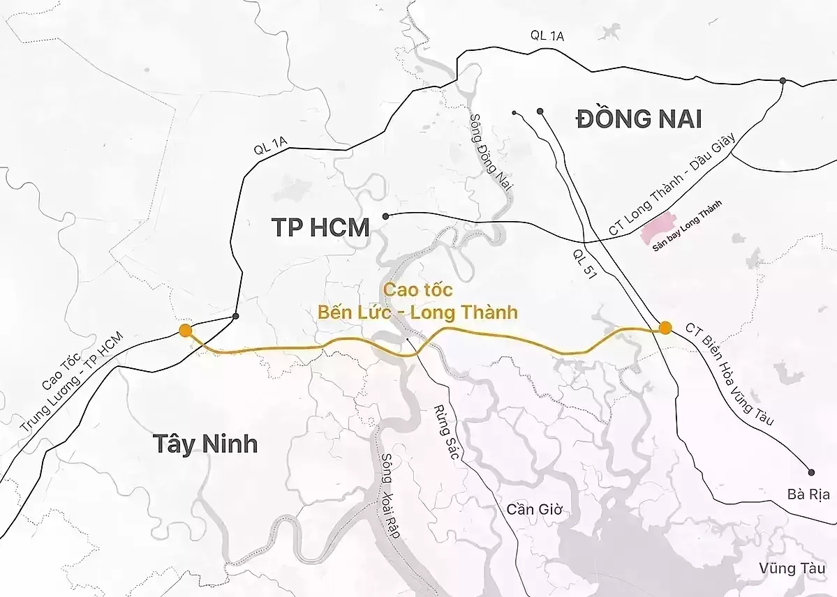Hướng tuyến cao tốc Bến Lức - Long Thành. Đồ họa: Hoàng Thanh