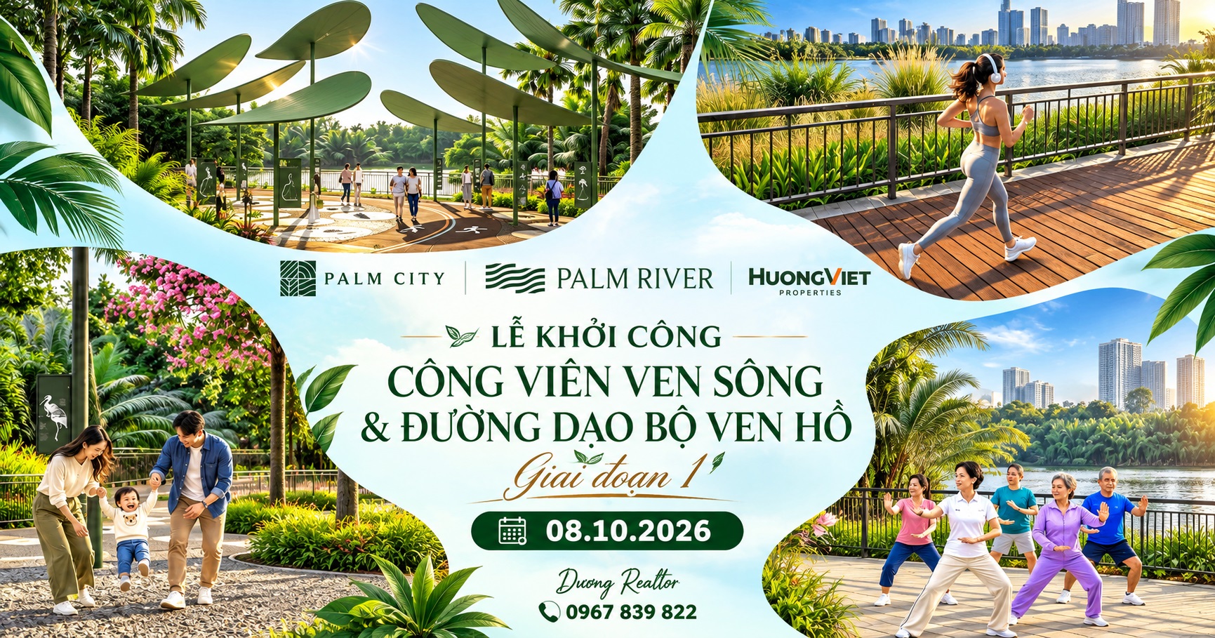 Hình ảnh minh họa không gian xanh và hoạt động ngoài trời tại Palm City; poster lịch khởi công giai đoạn 1 ngày 08/10/2026.